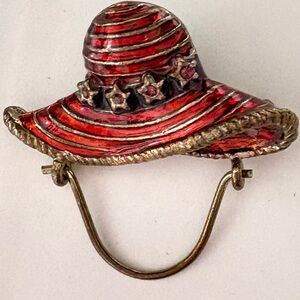 Vintage enamel Chic Red and Gold tone Striped Hat Brooch
